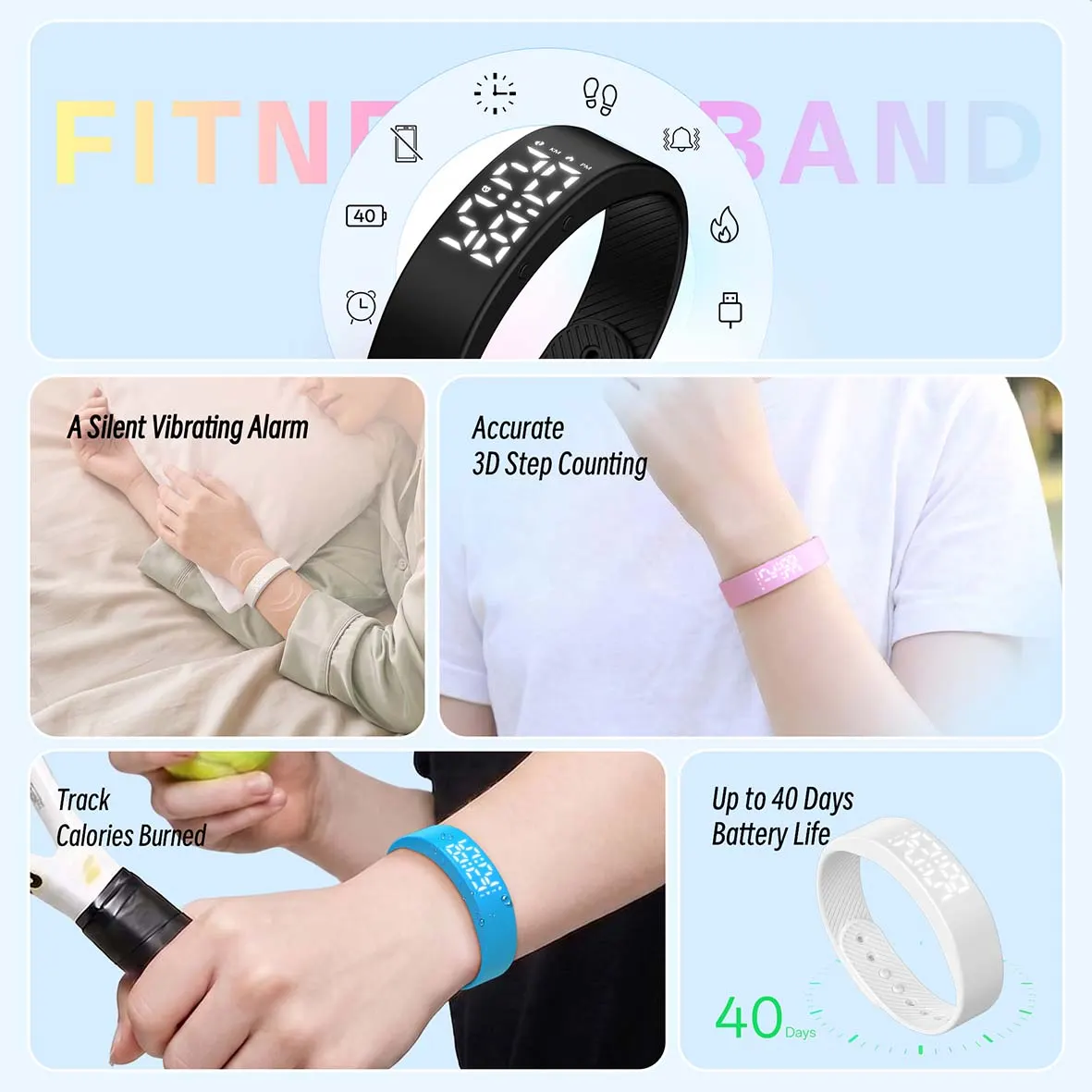 MYRYDER C3Plus feature summary grid, silent vibrating alarm, accurate 3D step counting, calories burned tracking and up to 40 days battery life