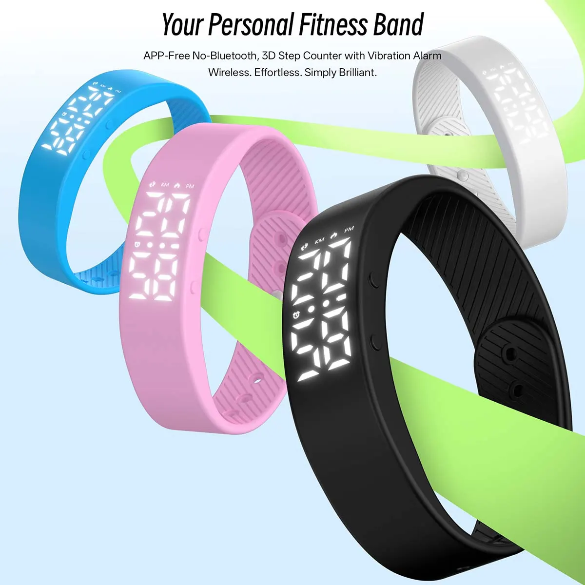 MYRYDER C3Plus fitness band overview showing four colour options, an app-free no-Bluetooth 3D step counter with vibration alarm