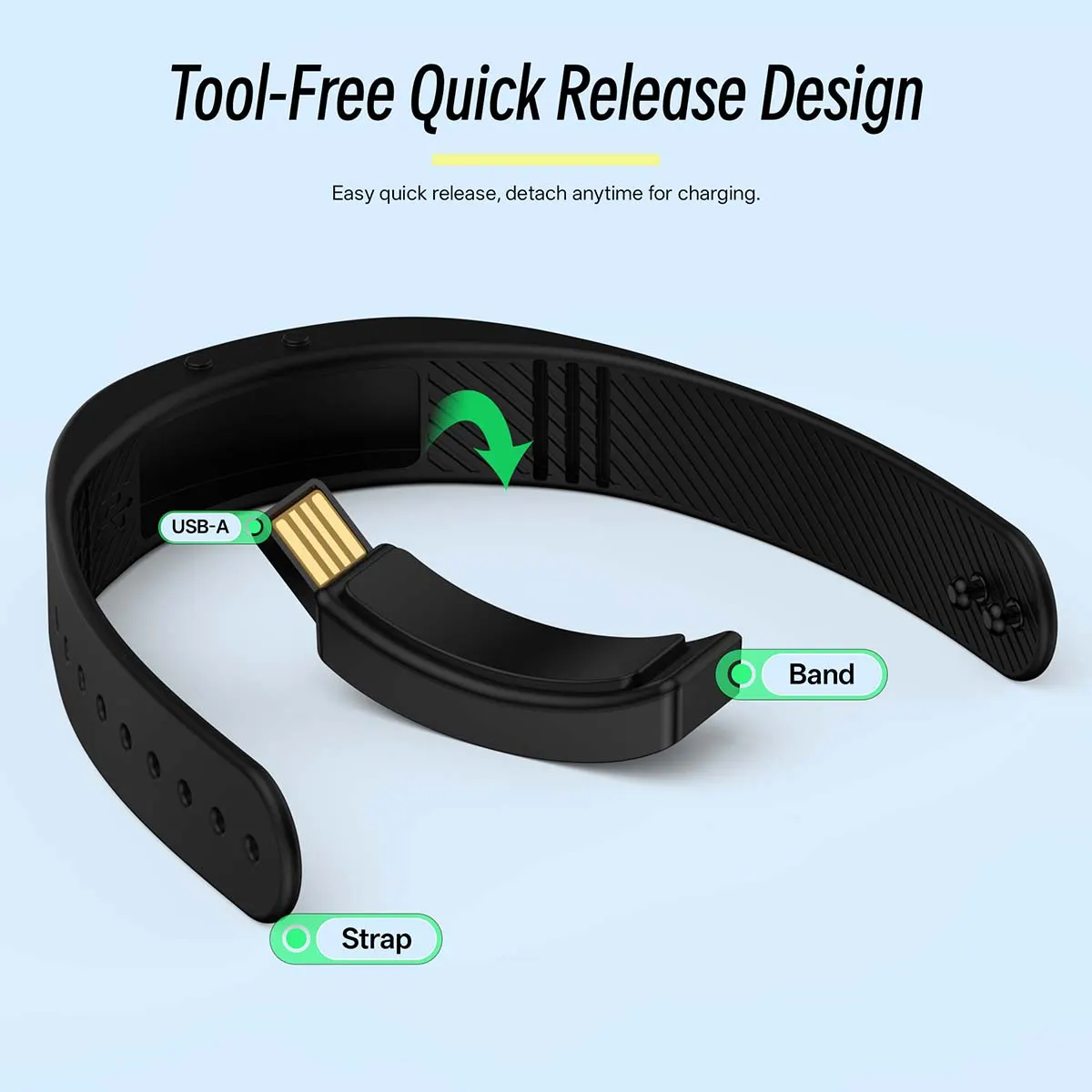 MYRYDER C3Plus tool-free quick release design, detachable main unit with USB-A connector separating from the band and strap