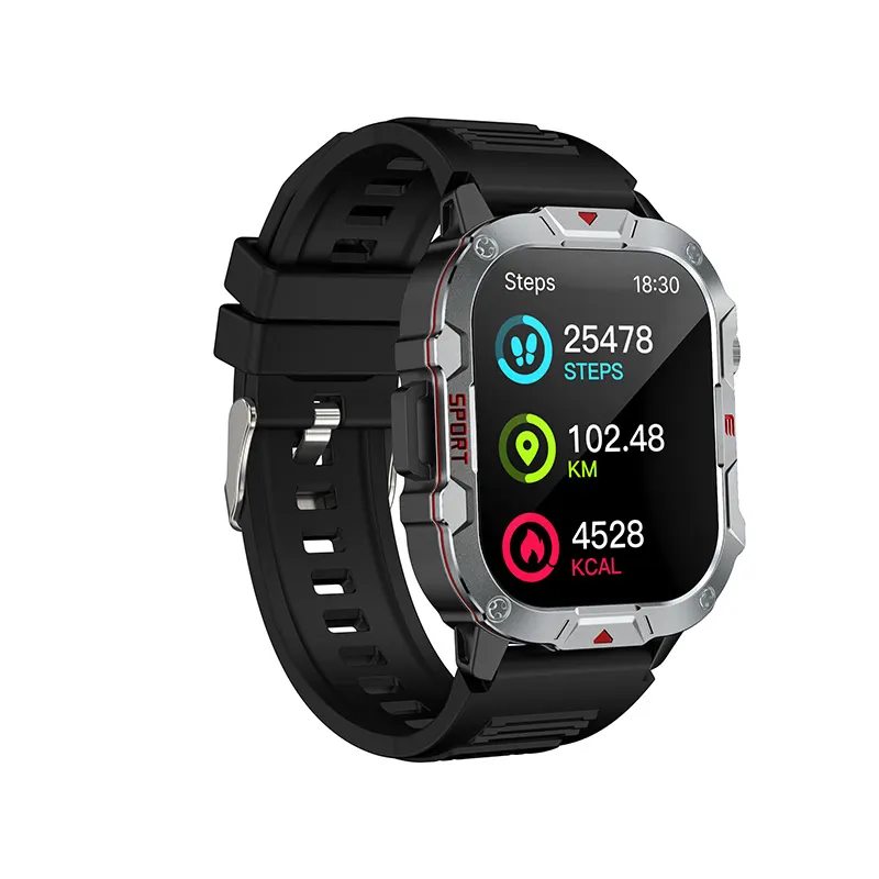 MYRYDER C40Pro smart watch, silver case with black silicone strap — angled view with the activity-stats watch face