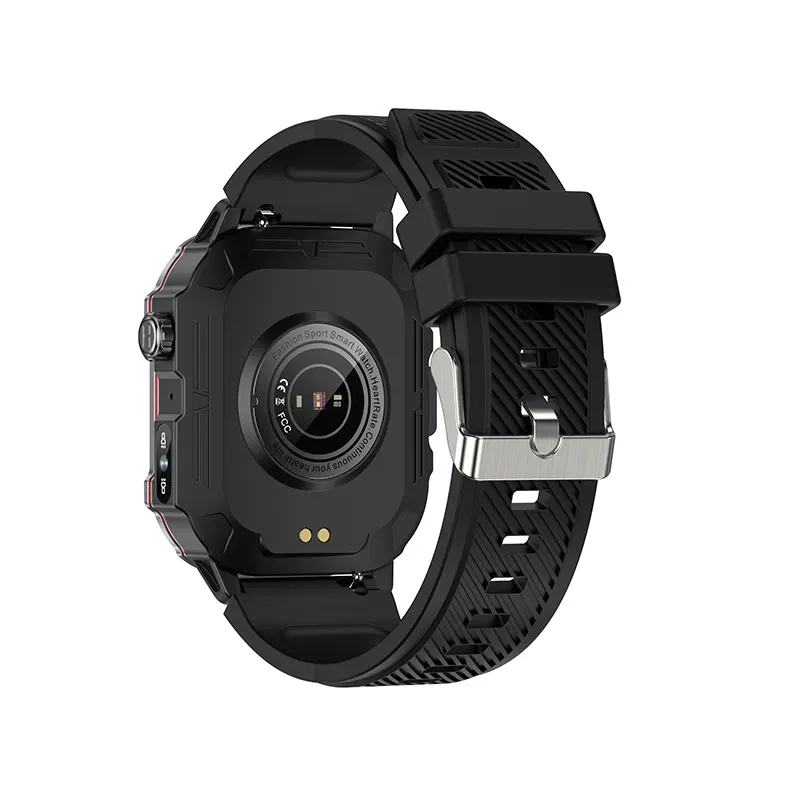 MYRYDER C40Pro smart watch, silver case with black silicone strap — rear view showing the optical heart-rate sensor and pin buckle