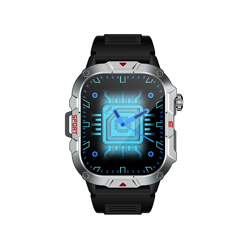 MYRYDER C40Pro smart watch, silver case with black silicone strap — front view with the blue chip-circuit watch face