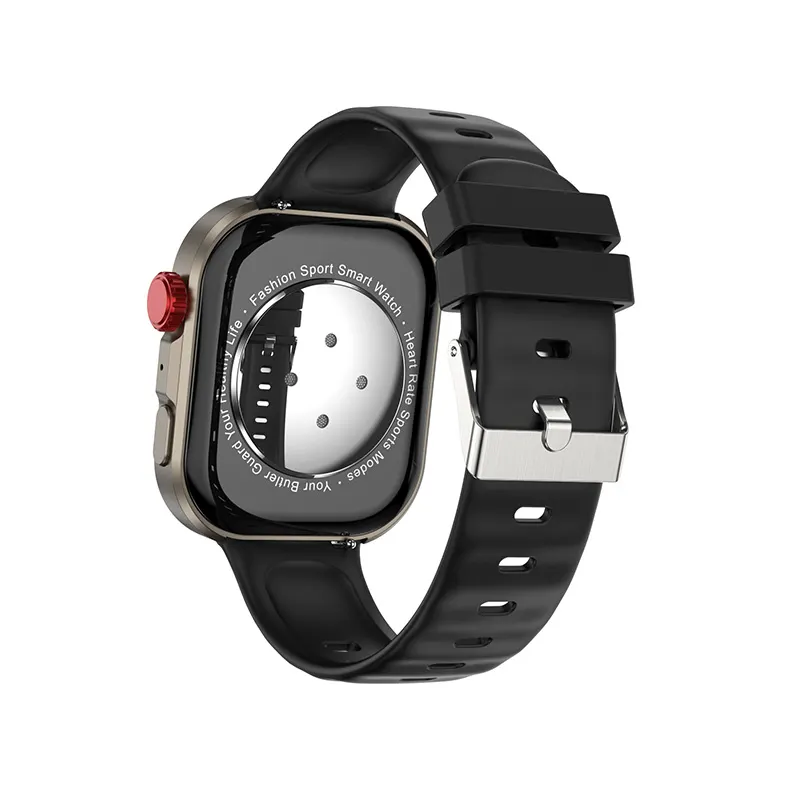MYRYDER C48Pro smart watch, black case with a red crown and a black silicone strap — rear angled view showing the optical heart-rate sensor and the red crown