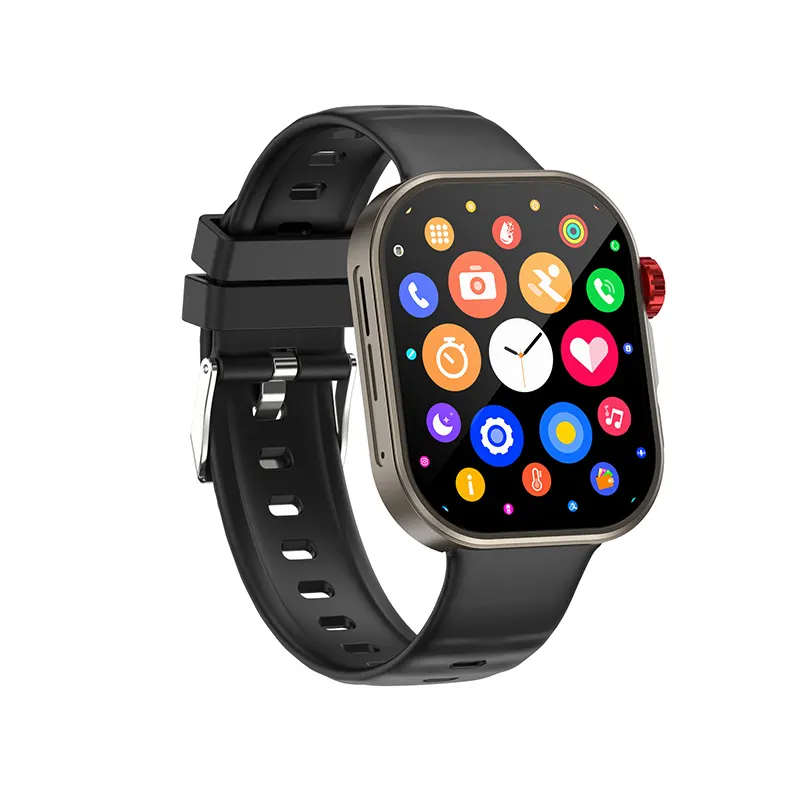 MYRYDER C48Pro smart watch, black case with a red crown and a black silicone strap — front view with the round-icon app menu on screen