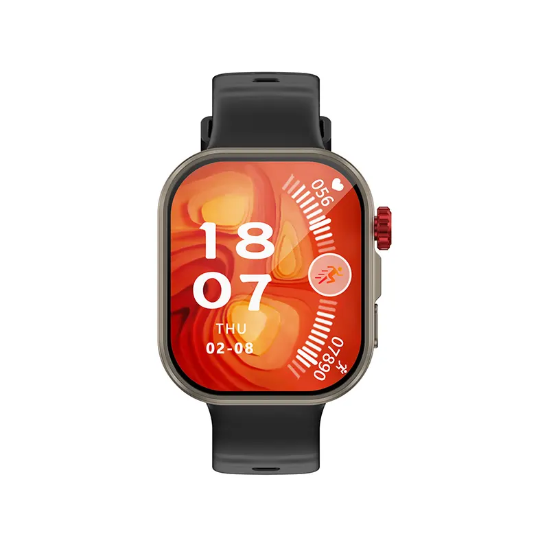 MYRYDER C48Pro smart watch, black case with a red crown and a black silicone strap — front view with the red animated watch face and the 07890 step counter