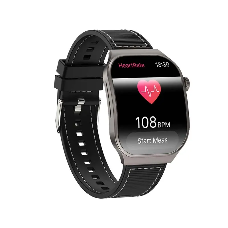 MYRYDER C49Pro smart watch, black case with a knurled dark crown and a black silicone strap with white contrast stitching — 45-degree view of the Heart Rate screen reading 108 BPM with a Start Meas button