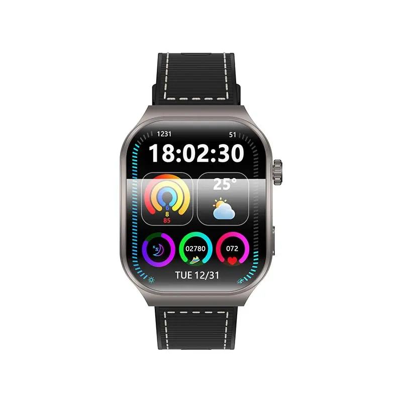 MYRYDER C49Pro smart watch, black case with a knurled dark crown and a black silicone strap with white contrast stitching — front view with the 18:02:30 dashboard watch face, a 25°C weather tile and three activity rings