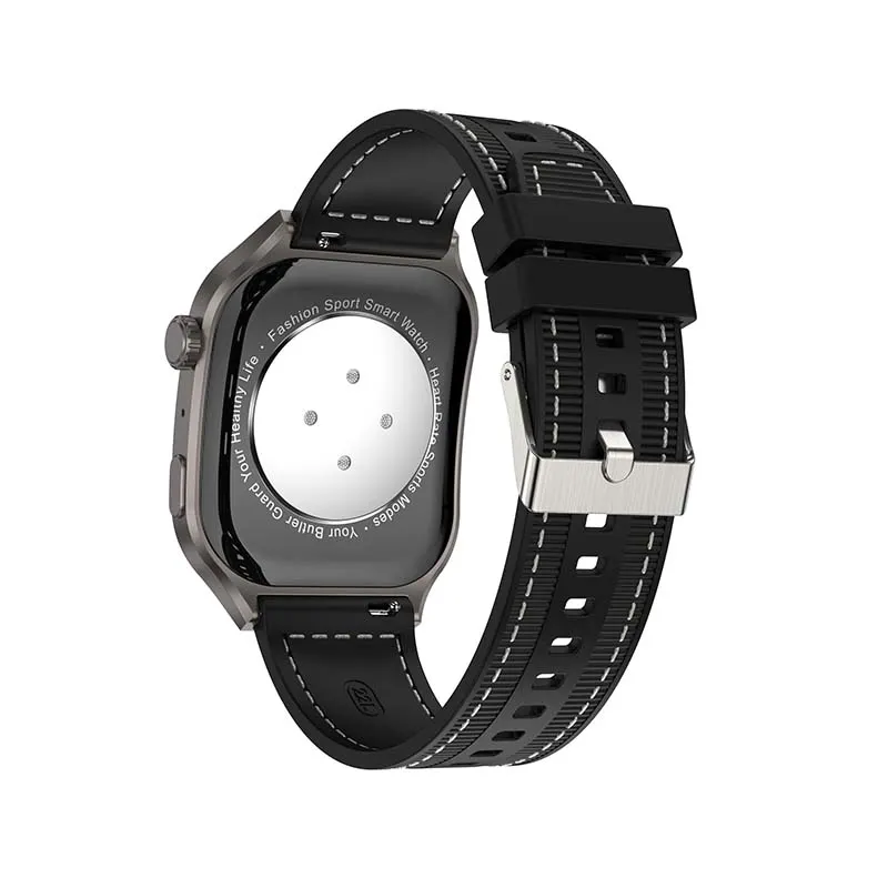 MYRYDER C49Pro smart watch, black case with a knurled dark crown and a black silicone strap with white contrast stitching — rear view showing the round optical heart-rate sensor window on the case back