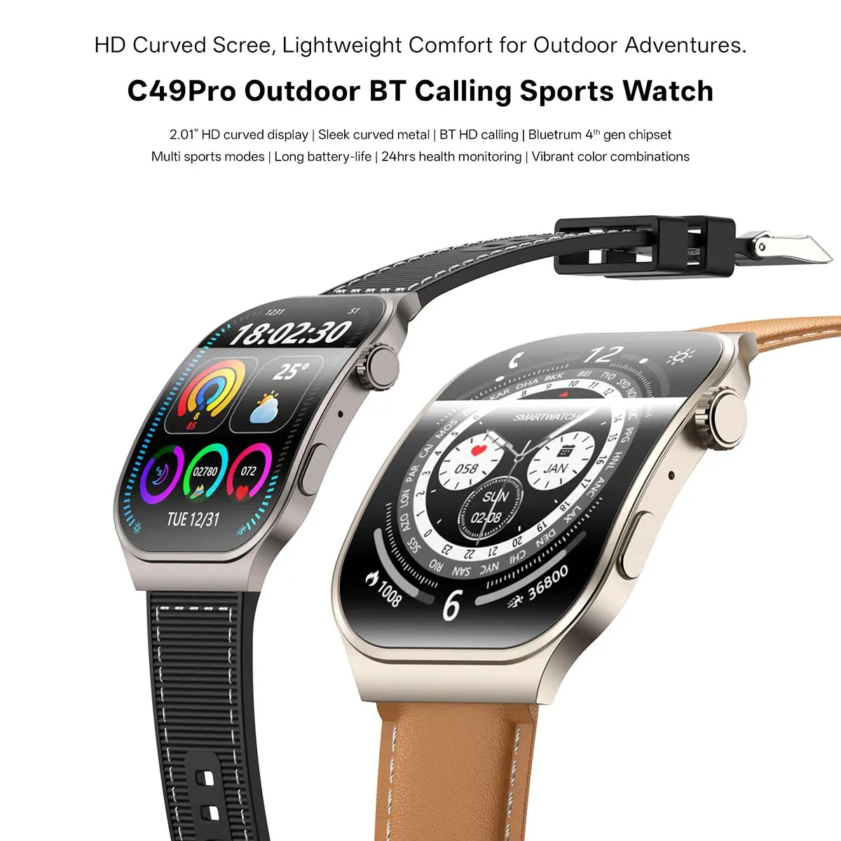 MYRYDER C49Pro smart watch detail: product banner headed "C49Pro Outdoor BT Calling Sports Watch" over two watches, listing the 2.01-inch HD curved display, sleek curved metal, BT HD calling, Bluetrum 4th gen chipset, multi sports modes, long battery life, 24hrs health monitoring and vibrant colour combinations