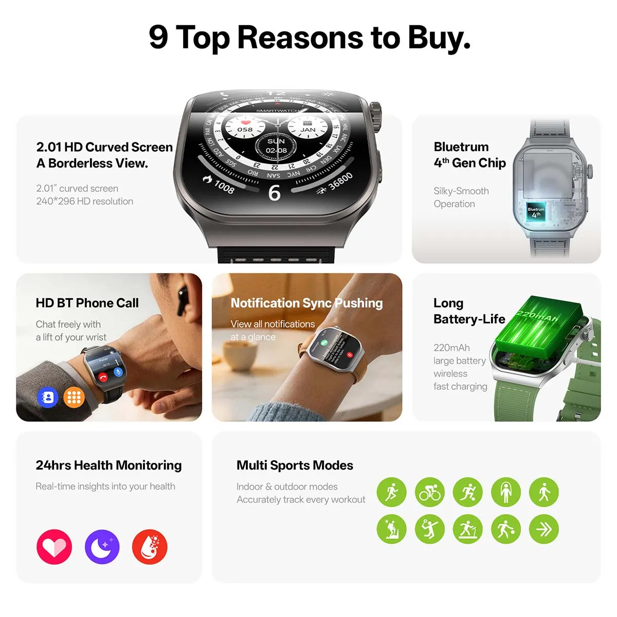 MYRYDER C49Pro smart watch detail: feature grid headed "9 Top Reasons to Buy": 2.01-inch HD curved borderless screen at 240*296, Bluetrum 4th gen chip, HD BT phone call, notification sync pushing, 220 mAh long battery life with wireless fast charging, 24hrs health monitoring and multi sports modes
