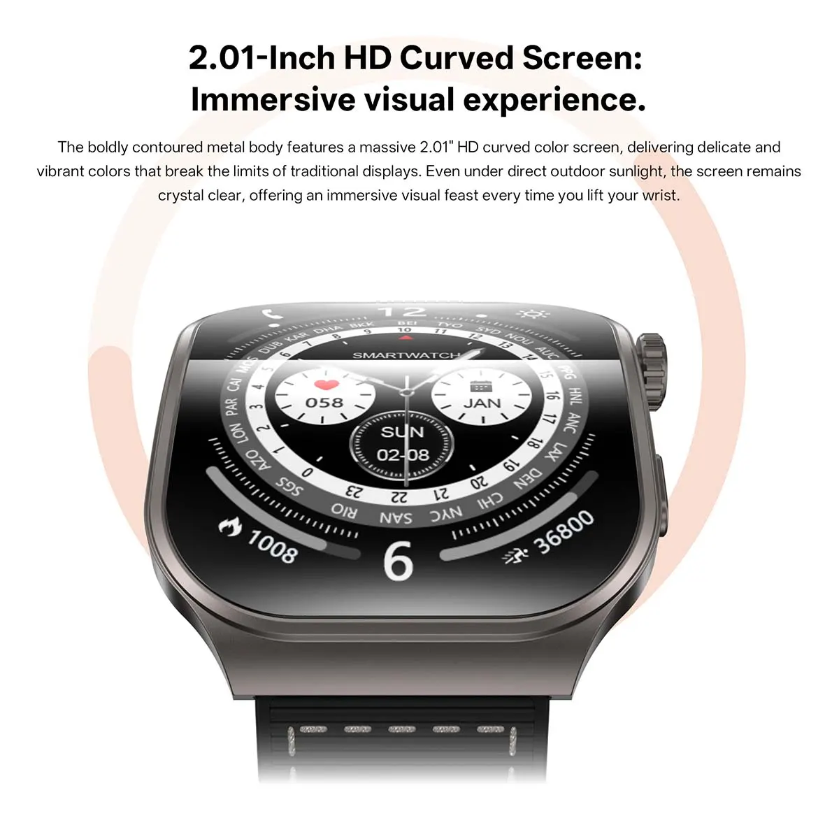 MYRYDER C49Pro smart watch detail: graphic headed "2.01-Inch HD Curved Screen: Immersive visual experience" showing the curved 2.01-inch display edge-on with the analogue dial and 36800 steps