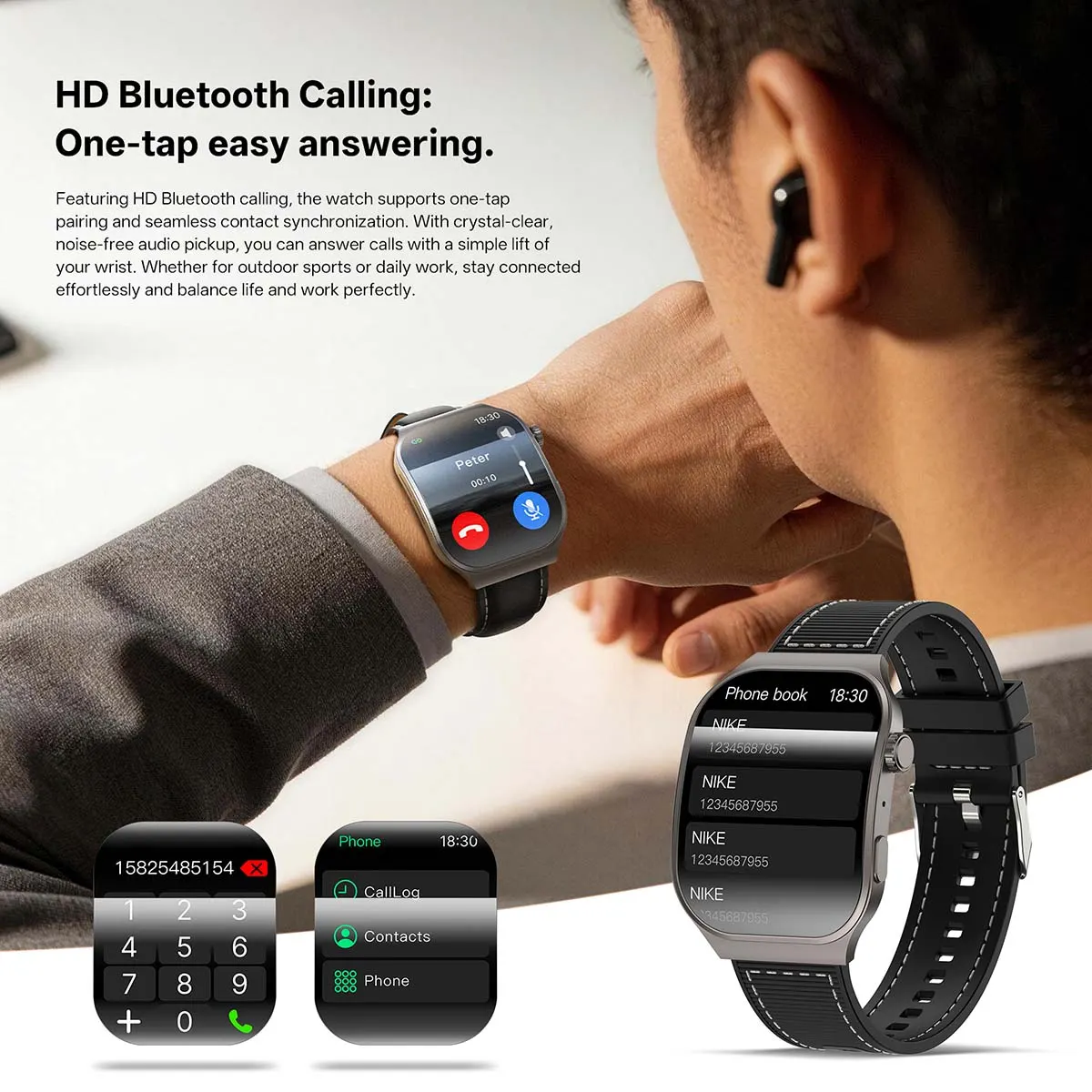 MYRYDER C49Pro smart watch detail: graphic headed "HD Bluetooth Calling: One-tap easy answering" with a wearer taking a call on the wrist plus on-watch dial pad, call log, contacts and phone book screens