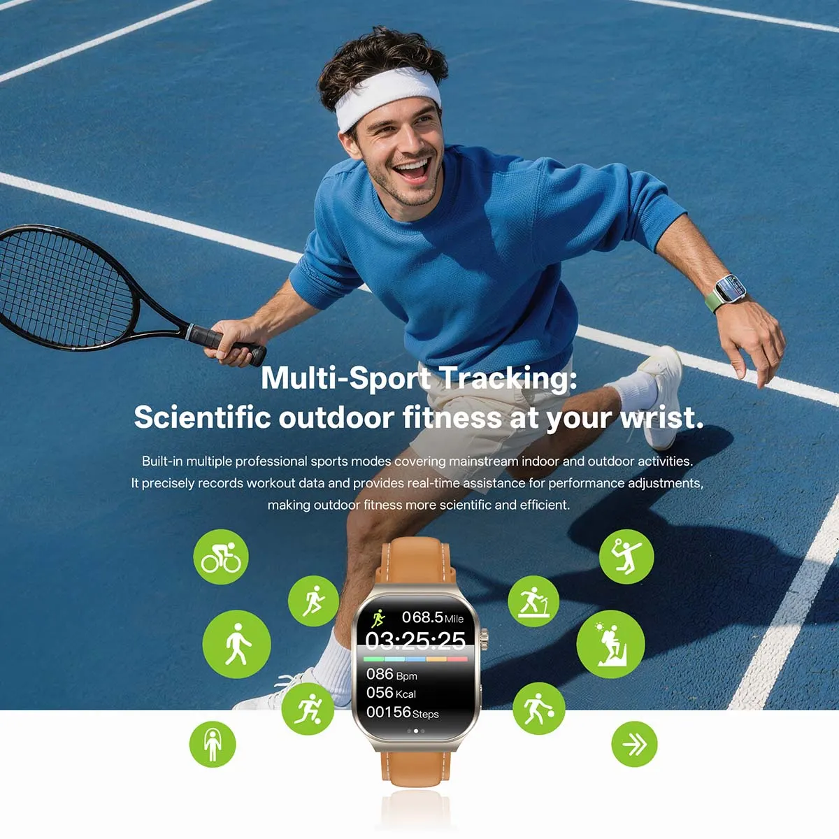 MYRYDER C49Pro smart watch detail: graphic headed "Multi-Sport Tracking: Scientific outdoor fitness at your wrist" over a tennis-court photo with nine green sport-mode icons and a leather-strapped watch showing 068.5 Mile and 03:25:25