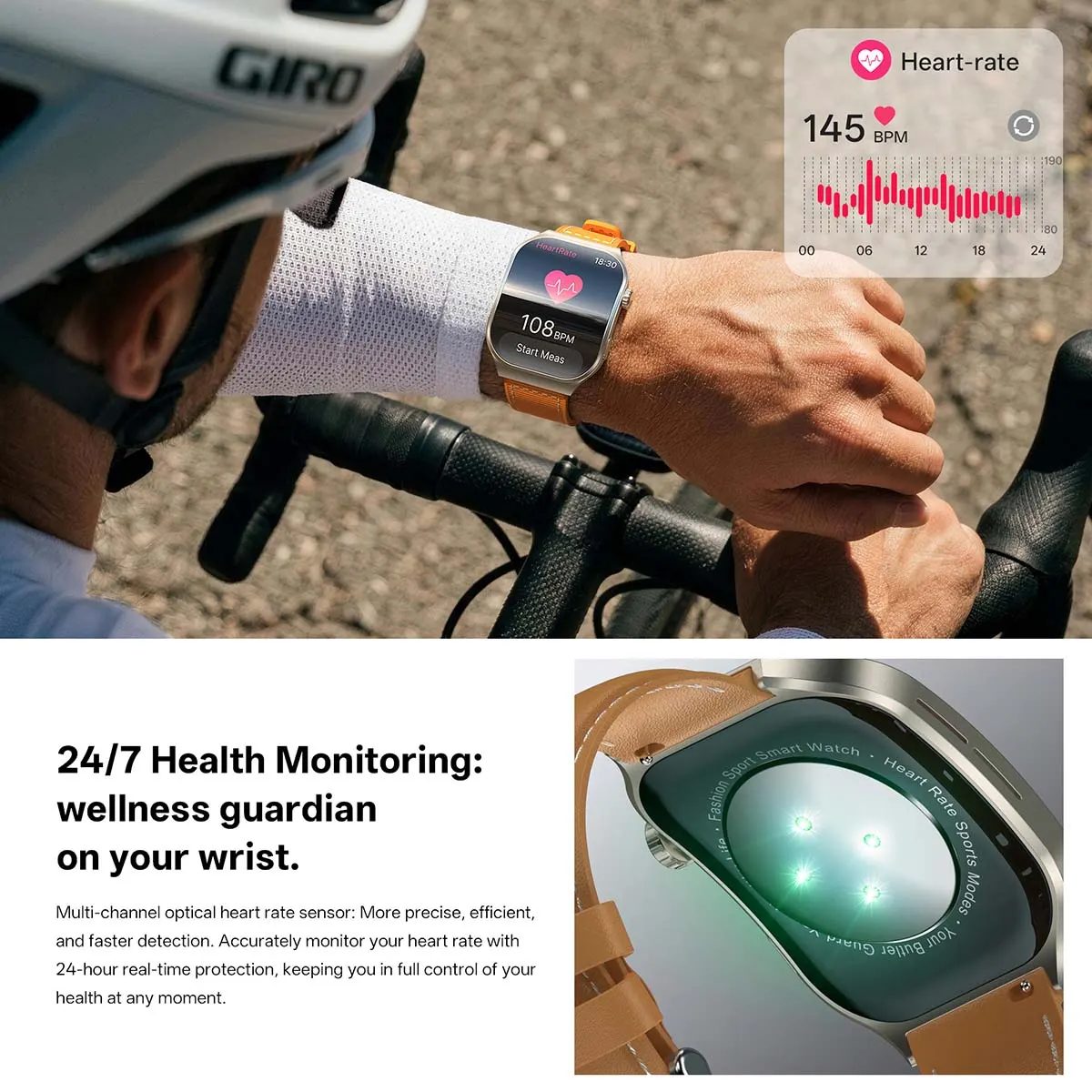 MYRYDER C49Pro smart watch detail: graphic headed "24/7 Health Monitoring: wellness guardian on your wrist" with a cyclist, a 145 BPM 24-hour heart-rate chart, a 108 BPM watch screen and a close-up of the green optical sensor on the case back