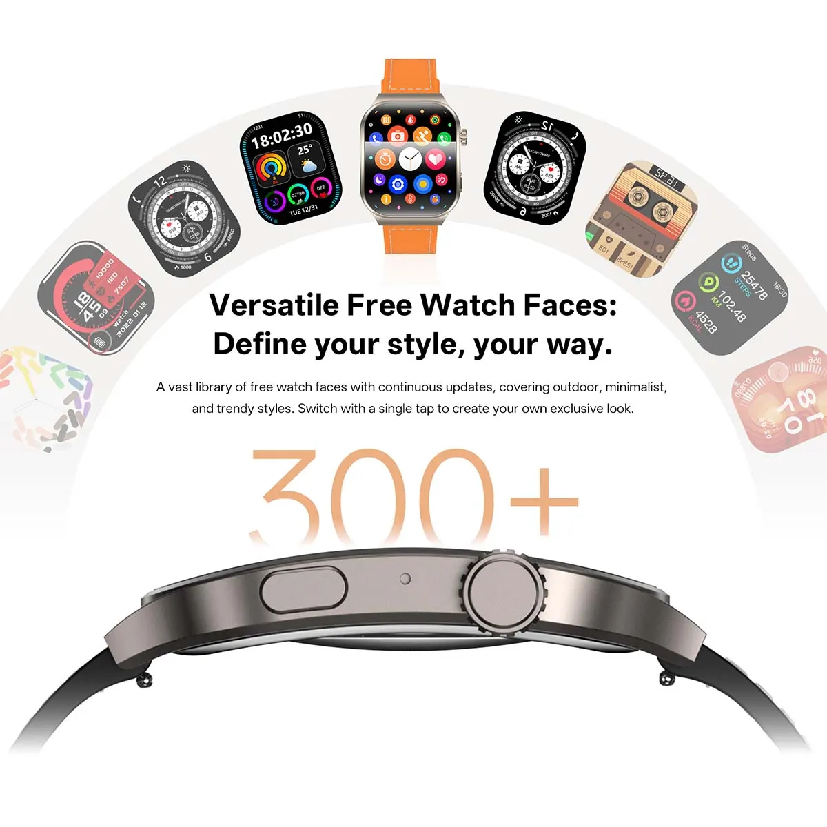 MYRYDER C49Pro smart watch detail: graphic headed "Versatile Free Watch Faces" with more than 300 dials fanning out around an orange-strapped C49Pro, plus a side-profile shot of the case and crown