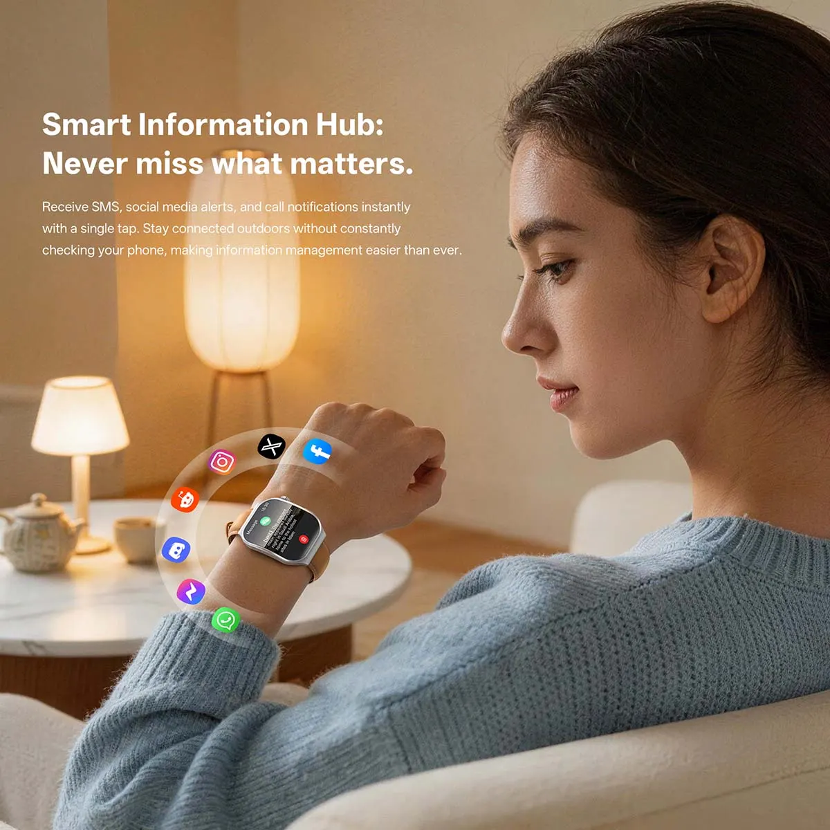 MYRYDER C49Pro smart watch detail: graphic headed "Smart Information Hub: Never miss what matters" with a woman reading a message on the wrist and app icons around it
