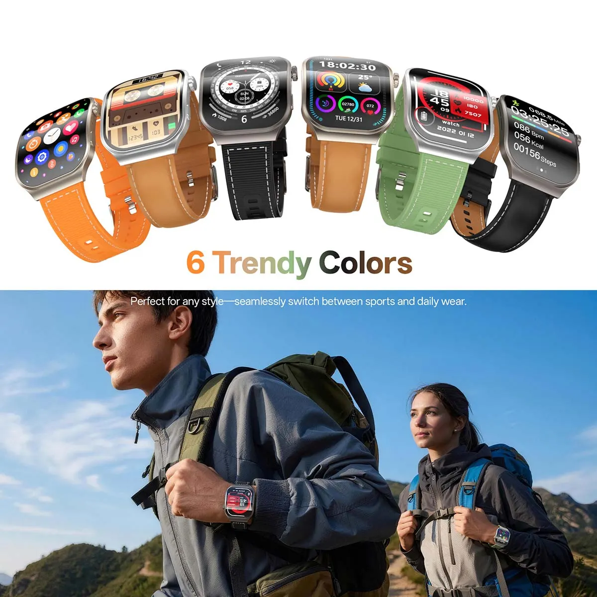 MYRYDER C49Pro smart watch detail: graphic headed "6 Trendy Colors" showing six case-and-strap combinations in a row, with a hiking photo captioned "Perfect for any style - seamlessly switch between sports and daily wear"