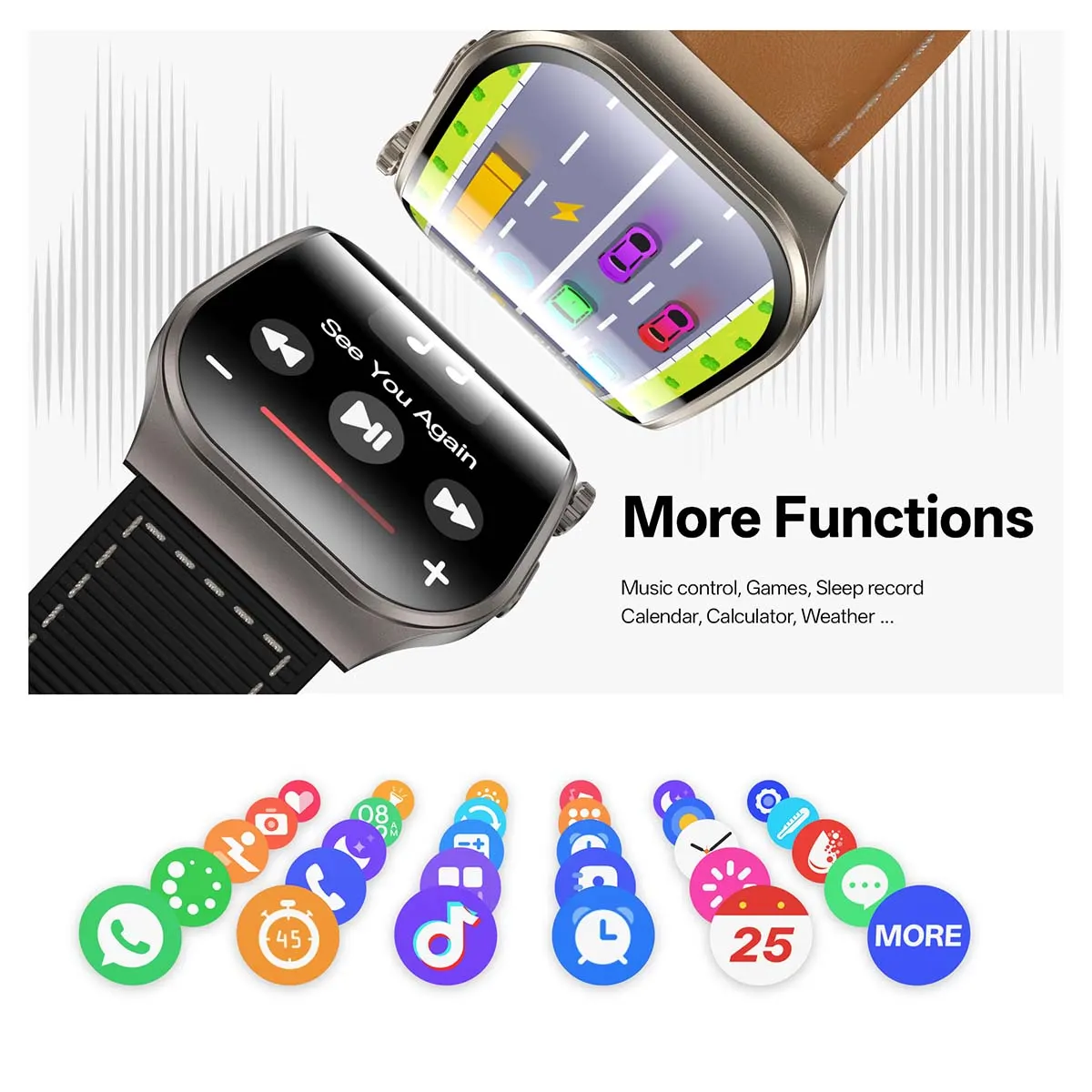 MYRYDER C49Pro smart watch detail: graphic headed "More Functions" listing music control, games, sleep record, calendar, calculator and weather over a music-player screen and the car game, plus a row of function icons