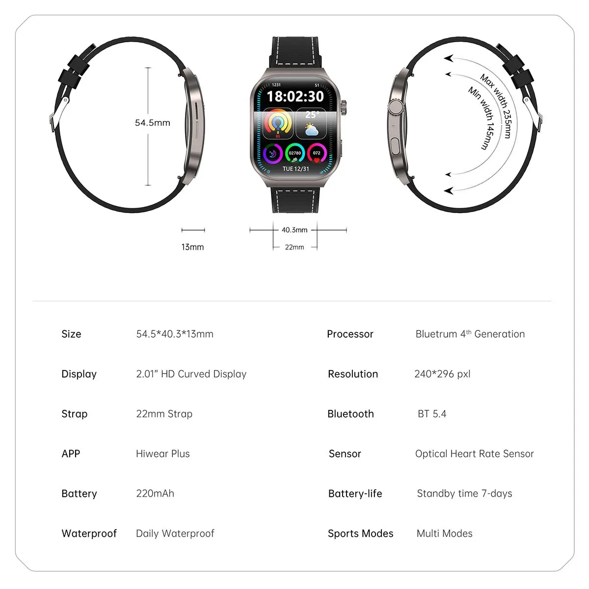 MYRYDER C49Pro smart watch detail: specification sheet with dimension drawings - 54.5 mm case height, 40.3 mm width, 13 mm thickness, 22 mm strap, 145-235 mm wrist - and the parameter table: 54.5*40.3*13 mm, 2.01-inch HD curved display, 240*296 pxl, BT 5.4, Hiwear Plus, optical heart-rate sensor, 220 mAh, 7-day standby, daily waterproof