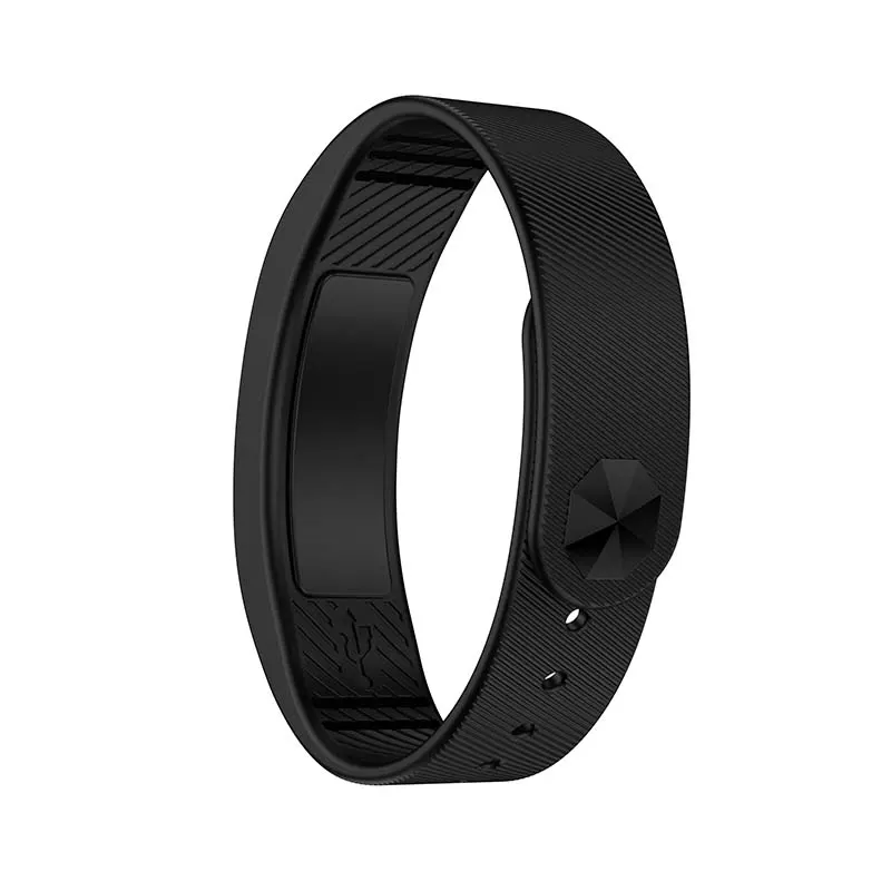 MYRYDER C4Plus black fitness band back view, textured silicone strap with USB charging contacts and double-clasp fastener
