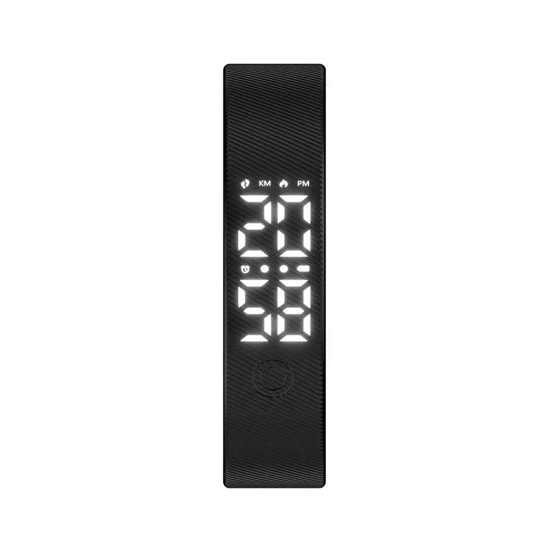 MYRYDER C4Plus black fitness band front view, LED dot-matrix display showing the time