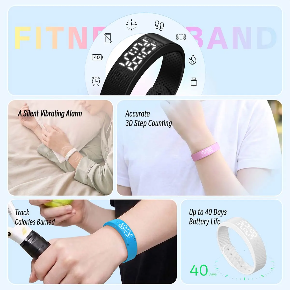MYRYDER C4Plus infographic for quick and easy setup: 3D step counting, gentle vibration, calories burned, time display, USB charging, no app required and up to 40 days battery