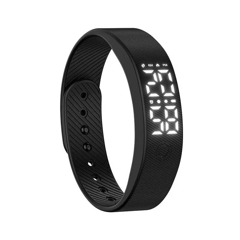 MYRYDER C4Plus black fitness band 45-degree view, slim LED band with silicone buckle strap
