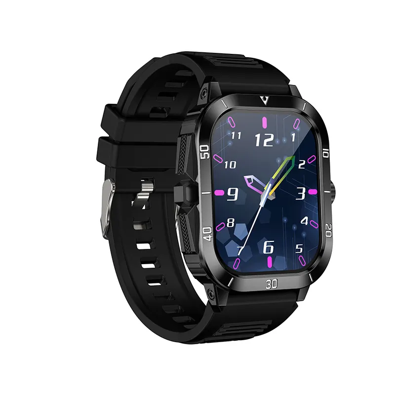 MYRYDER C50Pro smart watch, black case with black silicone strap — angled view with the analog watch face