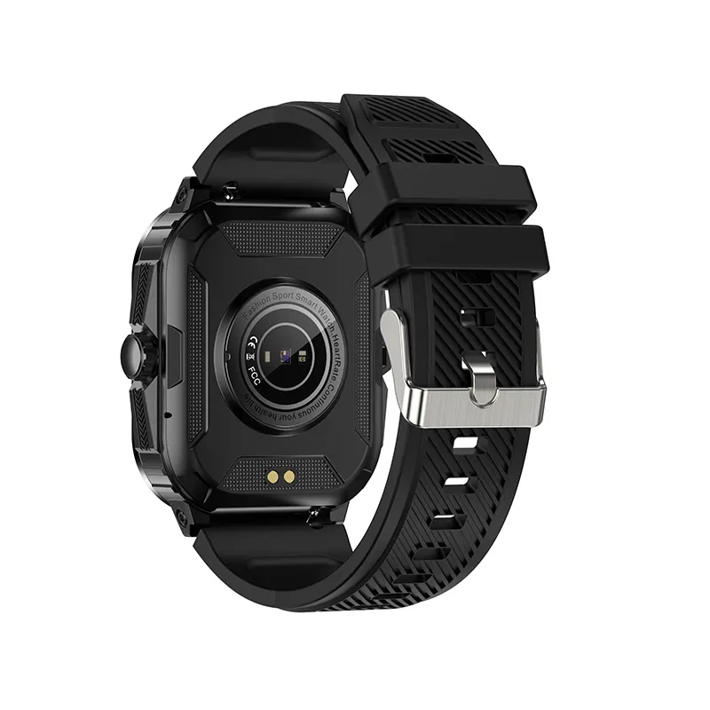 MYRYDER C50Pro smart watch, black case with black silicone strap — rear view showing the optical heart-rate sensor and pin buckle