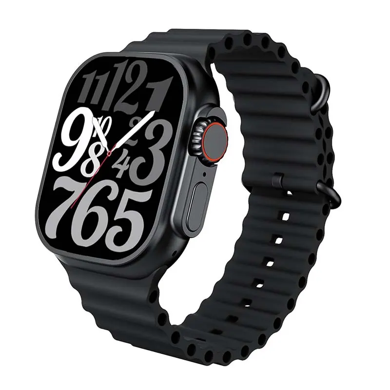 MYRYDER C900Ultra smart watch, black case with a red-ringed rotary crown and a side button, and a black liquid-silicone ocean band — three-quarter view with the oversized numeral watch face