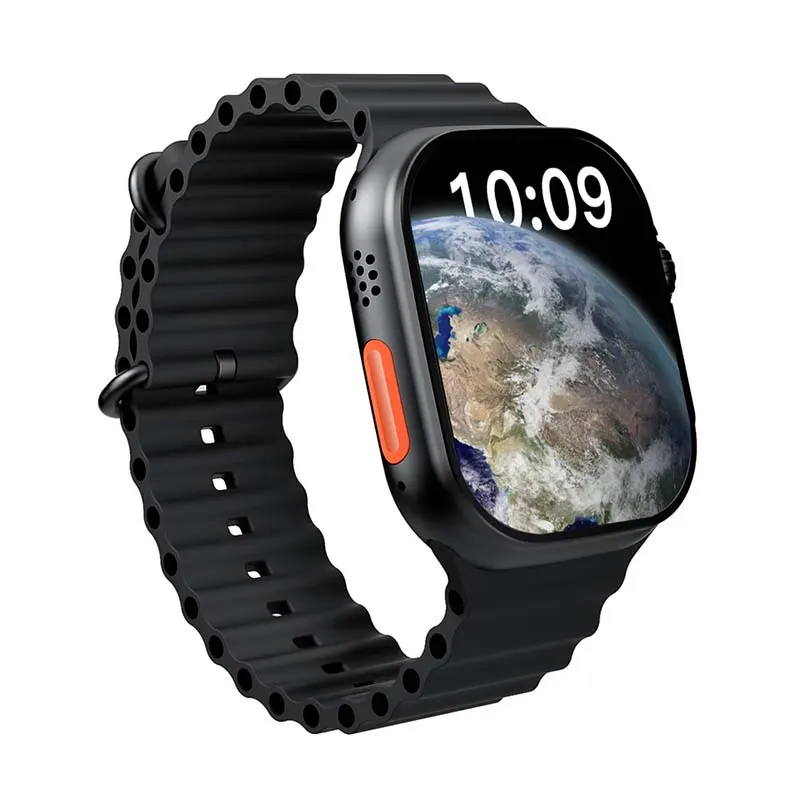 MYRYDER C900Ultra smart watch, black case with a red-ringed rotary crown and a side button, and a black liquid-silicone ocean band — three-quarter view from the right showing the speaker slots with the earth-photo watch face