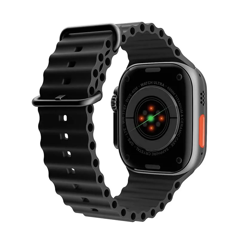 MYRYDER C900Ultra smart watch, black case with a red-ringed rotary crown and a side button, and a black liquid-silicone ocean band — rear view showing the four-screw case back, sensor array and pin-and-tuck buckle