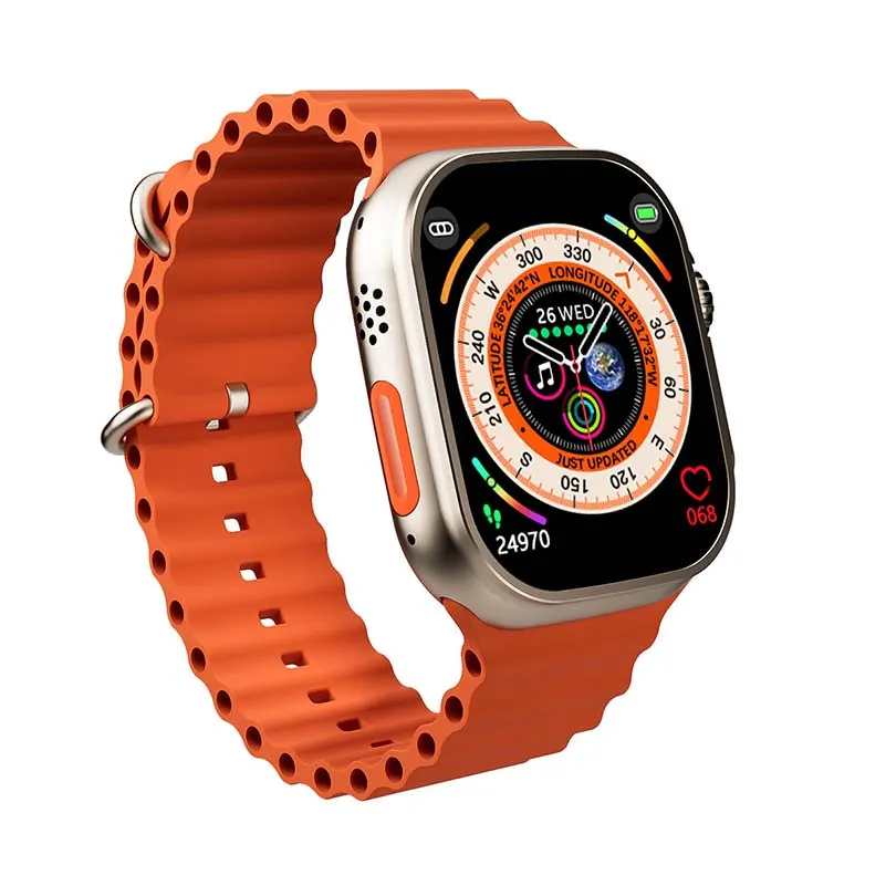 MYRYDER C900Ultra smart watch, natural titanium-look case with an orange-ringed rotary crown and a side button, and an orange liquid-silicone ocean band — three-quarter view from the right showing the speaker slots with the longitude and latitude watch face