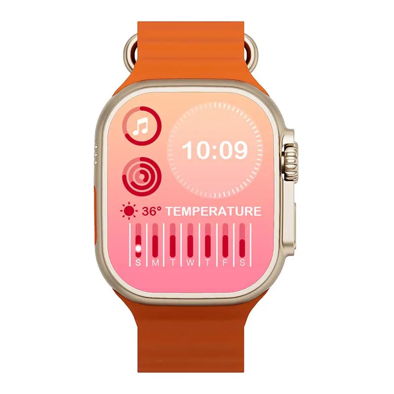 MYRYDER C900Ultra smart watch, natural titanium-look case with an orange-ringed rotary crown and a side button, and an orange liquid-silicone ocean band — front view with the pink 36 degree temperature watch face