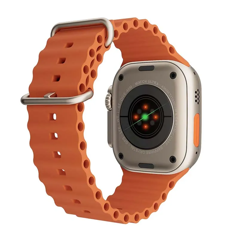 MYRYDER C900Ultra smart watch, natural titanium-look case with an orange-ringed rotary crown and a side button, and an orange liquid-silicone ocean band — rear view showing the four-screw case back, sensor array and pin-and-tuck buckle