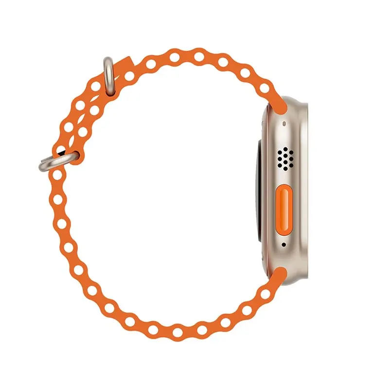 MYRYDER C900Ultra smart watch, natural titanium-look case with an orange-ringed rotary crown and a side button, and an orange liquid-silicone ocean band — side profile view showing the orange side button, speaker slots and the band loop