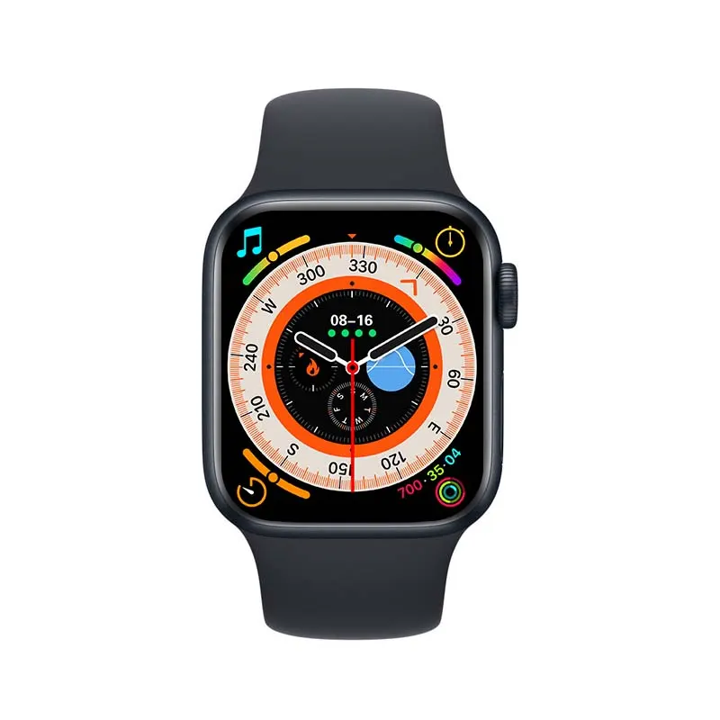 MYRYDER C900Pro smart watch, black alloy case with a rotary crown and a side button, and a black silicone strap — three-quarter front view with the orange compass watch face