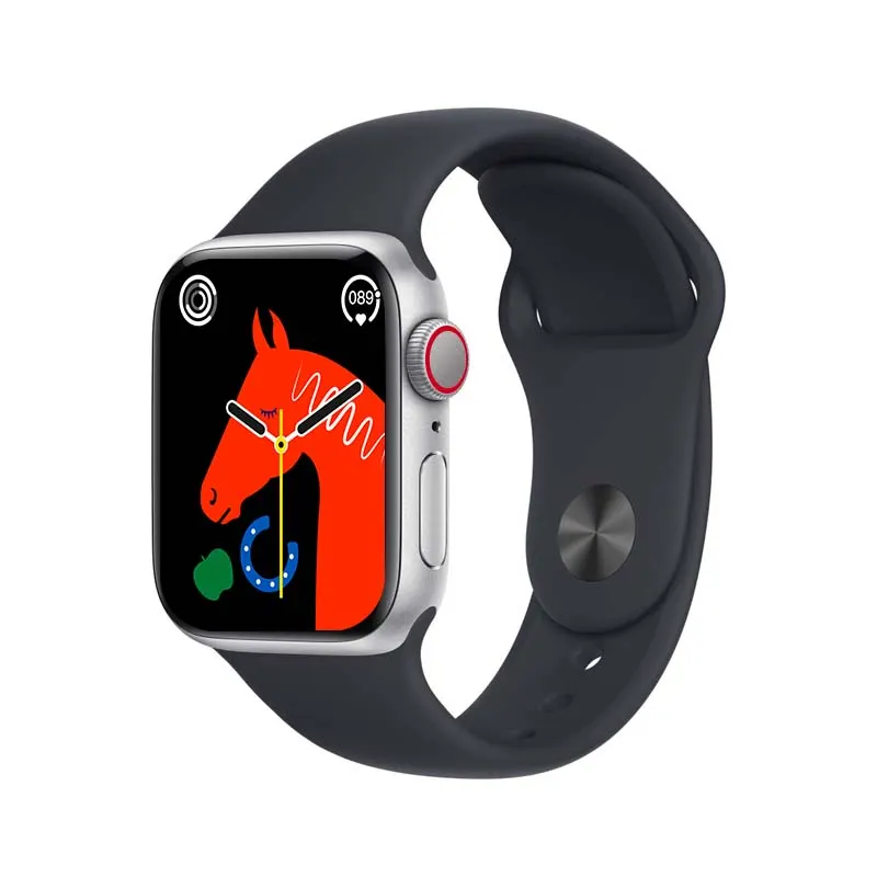 MYRYDER C900Pro smart watch, silver alloy case with a rotary crown and a side button, and a black silicone strap — three-quarter view from the crown side with the orange horse watch face