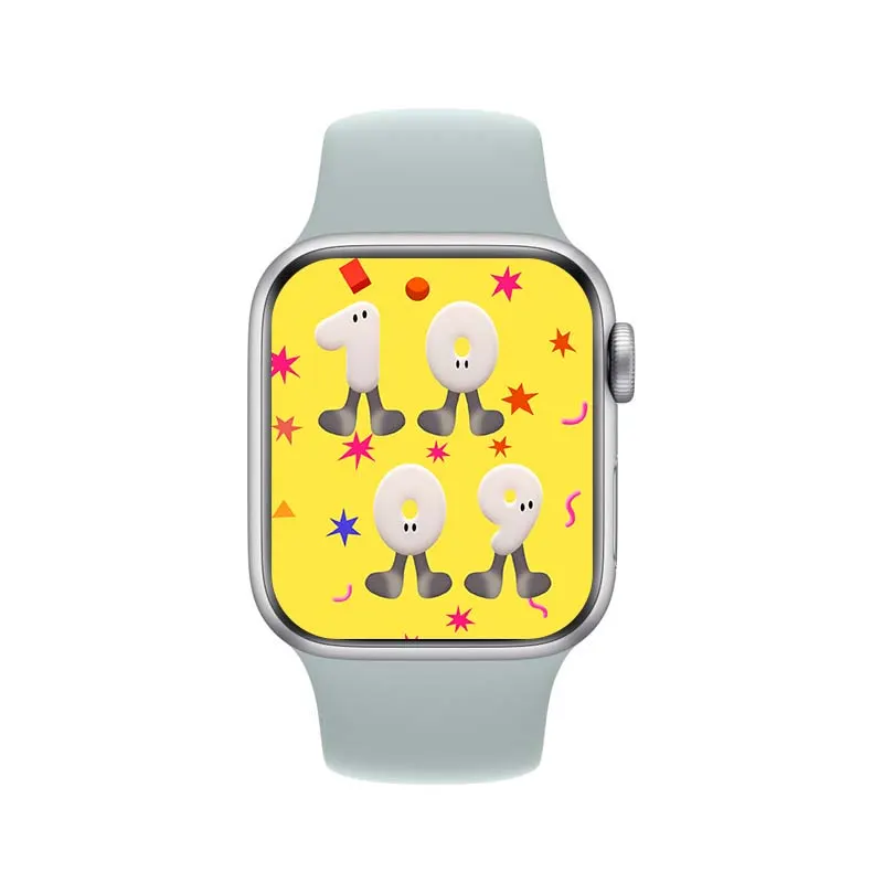 MYRYDER C900Pro smart watch, silver alloy case with a rotary crown and a side button, and a mint-grey silicone strap — three-quarter front view with the yellow cartoon watch face