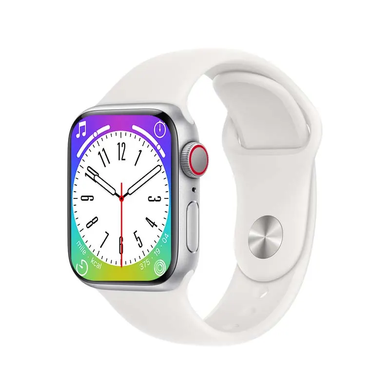 MYRYDER C900Pro smart watch, silver alloy case with a rotary crown and a side button, and a white silicone strap — three-quarter view from the crown side with the analog watch face showing steps and calories