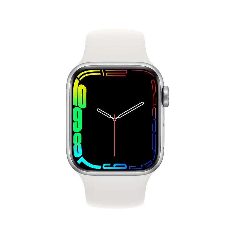 MYRYDER C900Pro smart watch, silver alloy case with a rotary crown and a side button, and a white silicone strap — three-quarter front view with the neon outlined digit watch face