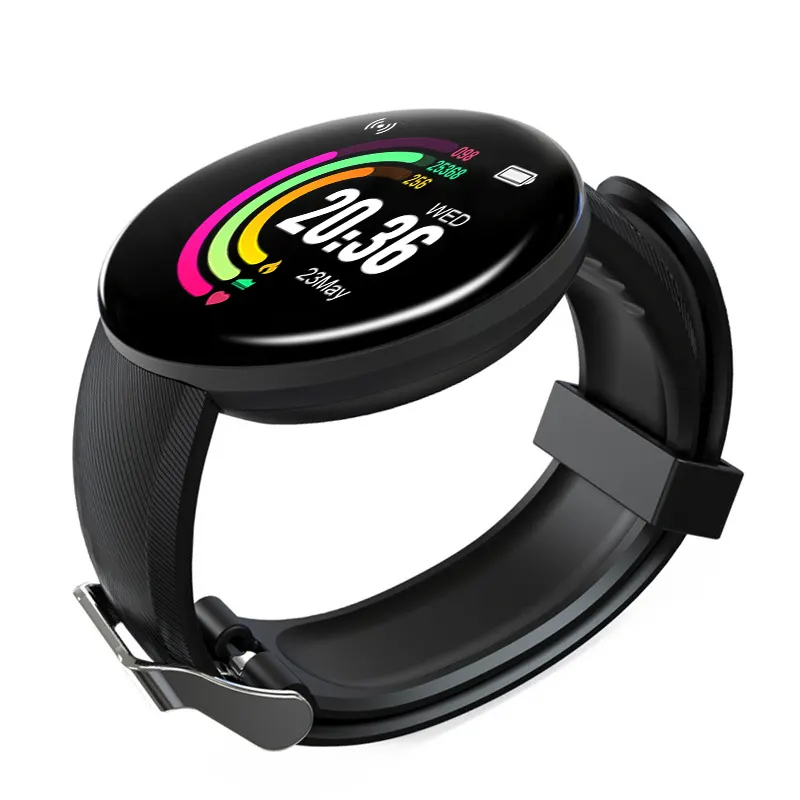 MYRYDER D18 smart bracelet, round black case with a slim glossy bezel and a black silicone strap — 45-degree hero view showing the colour-ring fitness dial