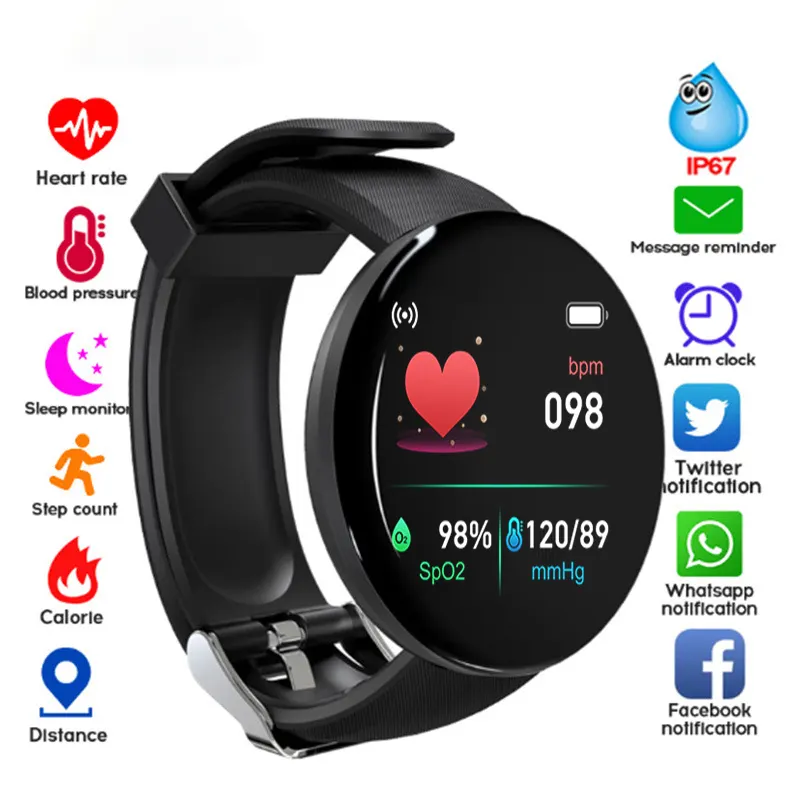 MYRYDER D18 smart bracelet, round black case with a slim glossy bezel and a black silicone strap — front view showing 98 bpm heart rate, 98% SpO2 and 120/89 mmHg blood pressure