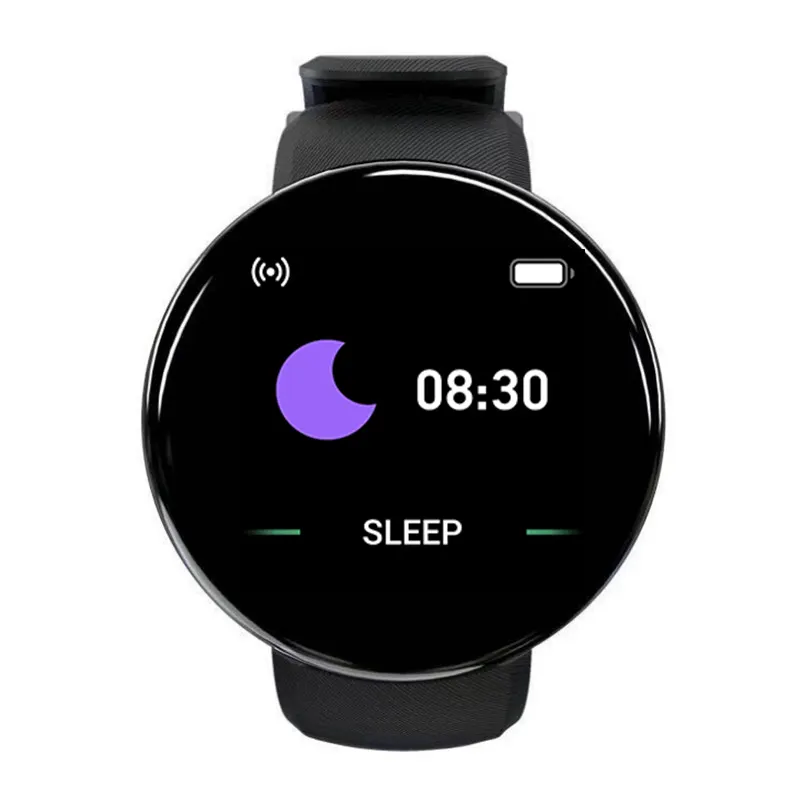 MYRYDER D18 smart bracelet, round black case with a slim glossy bezel and a black silicone strap — front view with the purple SLEEP dial at 08:30