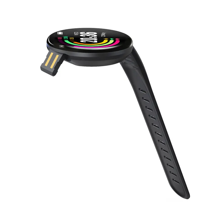 MYRYDER D18 smart bracelet, round black case with a slim glossy bezel and a black silicone strap — side view with the built-in USB-A plug slid out of the strap