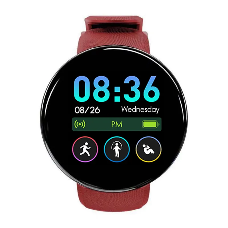 MYRYDER D18 smart bracelet, round red case with a slim glossy bezel and a red silicone strap — front view showing 08:36 with the sport, stand and sleep menu icons