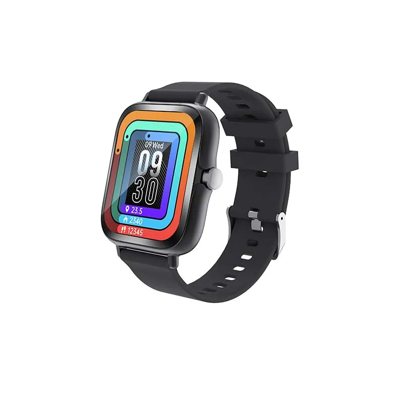MYRYDER H13 smart watch, square black case with a rotating silver crown and a black silicone strap — 45-degree hero view showing the colour-ring activity dial