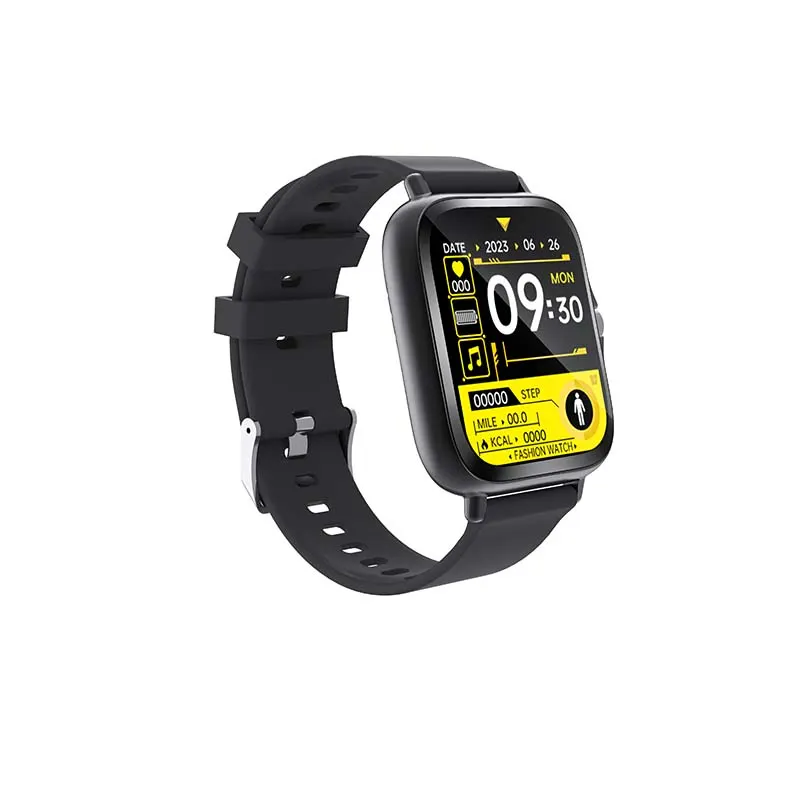 MYRYDER H13 smart watch, square black case with a rotating silver crown and a black silicone strap — 45-degree view with the yellow sport date dial showing 09:30