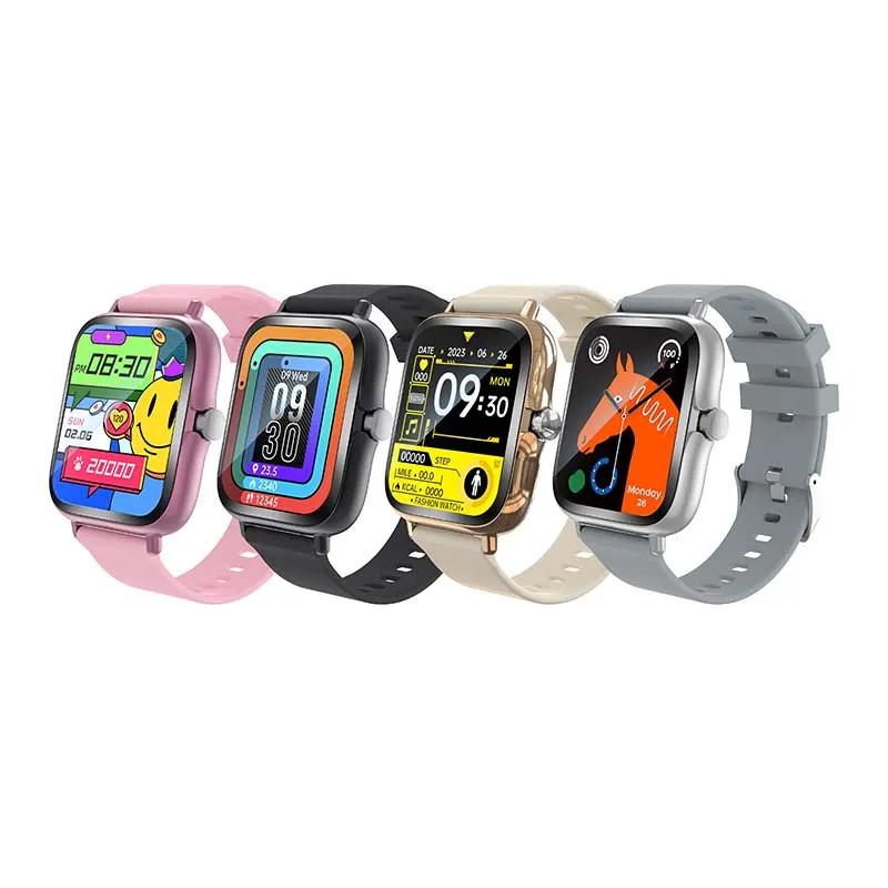 MYRYDER H13 smart watches, square cases with rotating silver crowns and silicone straps — angled group view of the pink, black, gold and silver colourways
