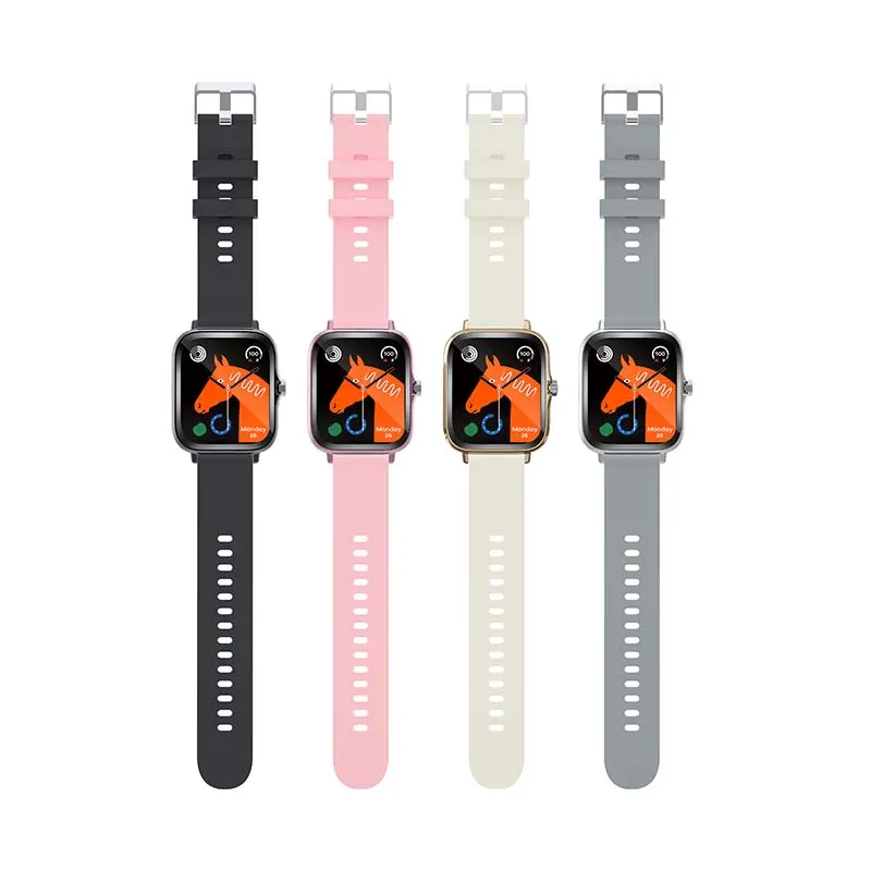 MYRYDER H13 smart watch silicone straps in black, pink, cream and grey, each with a metal pin buckle and two keeper loops — colour options standing in a row
